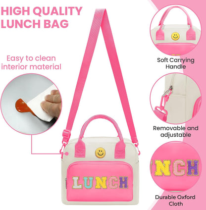 RLGPBON Insulated Lunch Bag Teen Girls, Preppy Lunch Box Large Insulated Lunch Bag Reusable Lunch Tote Bag, Preppy LunchBag for Girls School Travel Picnic