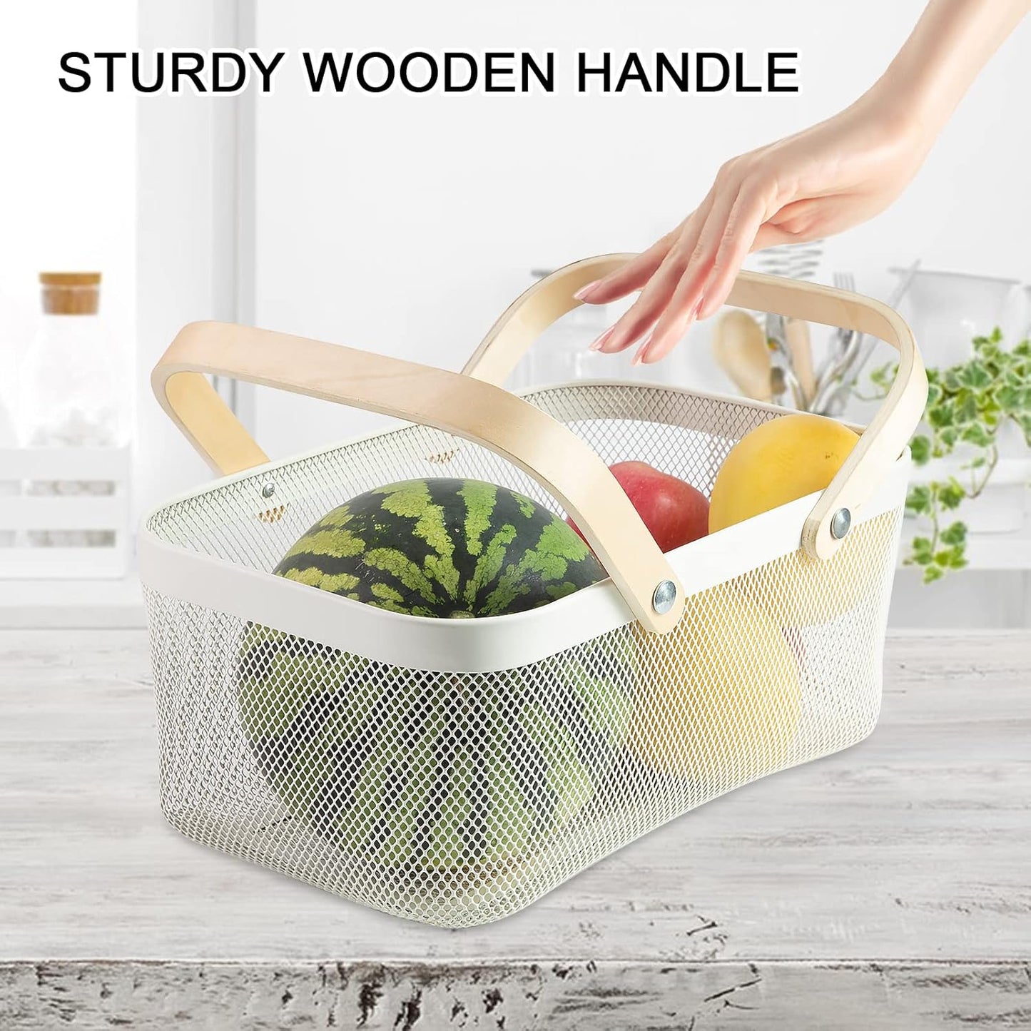 Portable Garden Harvest Basket-Mesh Design Natural Bamboo Handle Wire Storage Baskets,Mesh Basket with Handle Organize Items Reduce Space Occupation,Suitable for Kitchen,Garden,Picnic(Black)