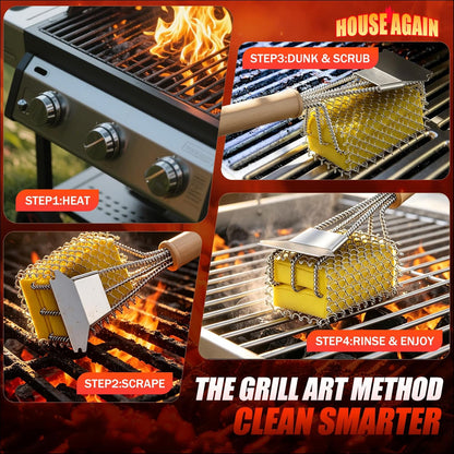 Bristle-Free Grill Brush with Scraper - Safe Steam Clean BBQ Brush with 18" Heat-Resistant Handle, 304 Stainless Locked-Core Mesh Head & HD Scraper | No Loose Wires Design | Grill Grate Cleaner Tool