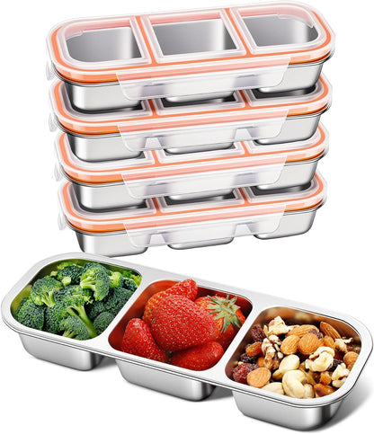 KTKUDY Stainless Steel Snack Container for Kids & Adults - Large - Leak-Proof 3-Compartment Stackable Snack Lunch Box for Daycare, School, Work & Travel