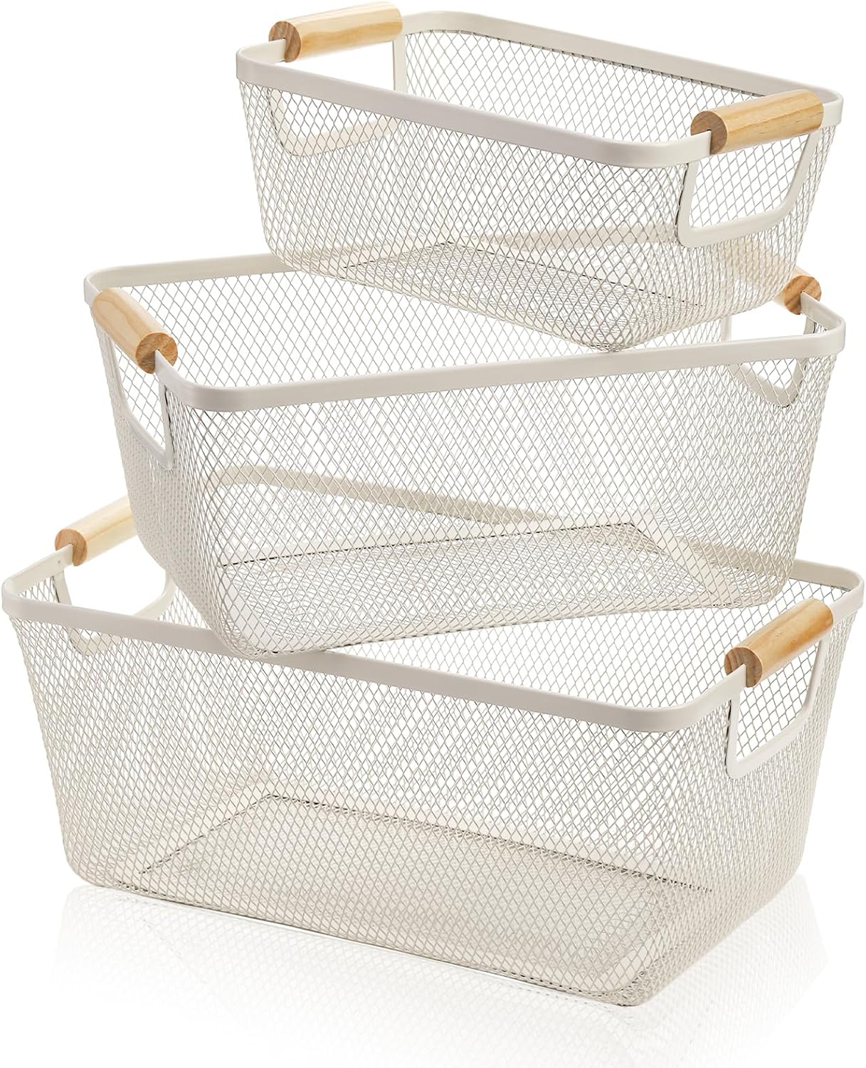 Noamus 3 Pack Metal Mesh Baskets with Wood Handle, Iron Storage Organizer Basket, Cream White Wire Countertop Baskets for Organizing, Cabinet Pantry Closet Bedroom Kitchen(3 Size)
