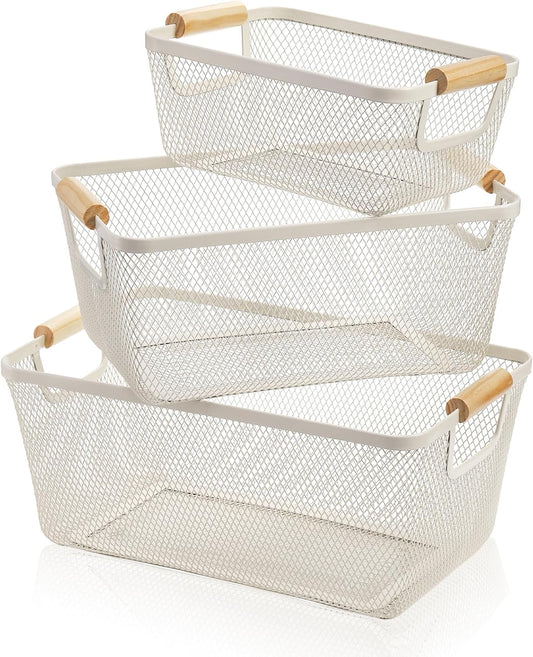 Noamus 3 Pack Metal Mesh Baskets with Wood Handle, Iron Storage Organizer Basket, Cream White Wire Countertop Baskets for Organizing, Cabinet Pantry Closet Bedroom Kitchen(3 Size)