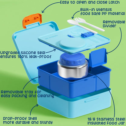 Fimibuke Bento Box for Kids Adult, BPA Free & Leakproof Toddler Lunch Box with 8.5oz Insulated Thermo Food Jar, Utensils & Sauce Jar, Dishwasher Safe 3 or 4 Compartment Container for School Girls Boys