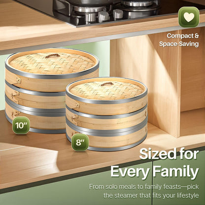 Flexzion Bamboo Steamer Basket Set (8 inch), 50 x Steamer Liners and 2 Pairs of Chopsticks, Steam Baskets for DimSum Dumplings, Rice, Vegetables, Fish and Meat