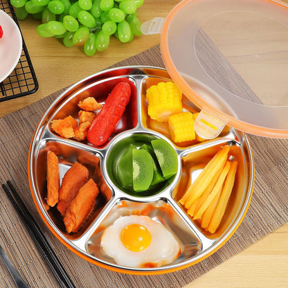 Luxshiny Divided Serving Tray with Lid 6 Compartments Stainless Steel Snack Tray Vegetable Fruit Platter for Family Gatherings Picnics and Office Lunches