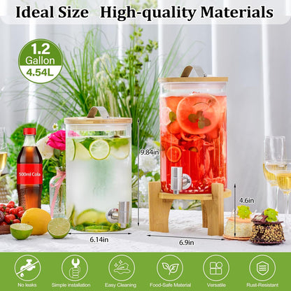 1.2 Gallon Large Glass Drink Dispenser For Parties, Beverage Dispenser with Bamboo Wood Stand and Stainless Steel Spigot, Juice, Lemonade, Water jug dispenser, Laundry Detergent Dispenser (2 PACK)