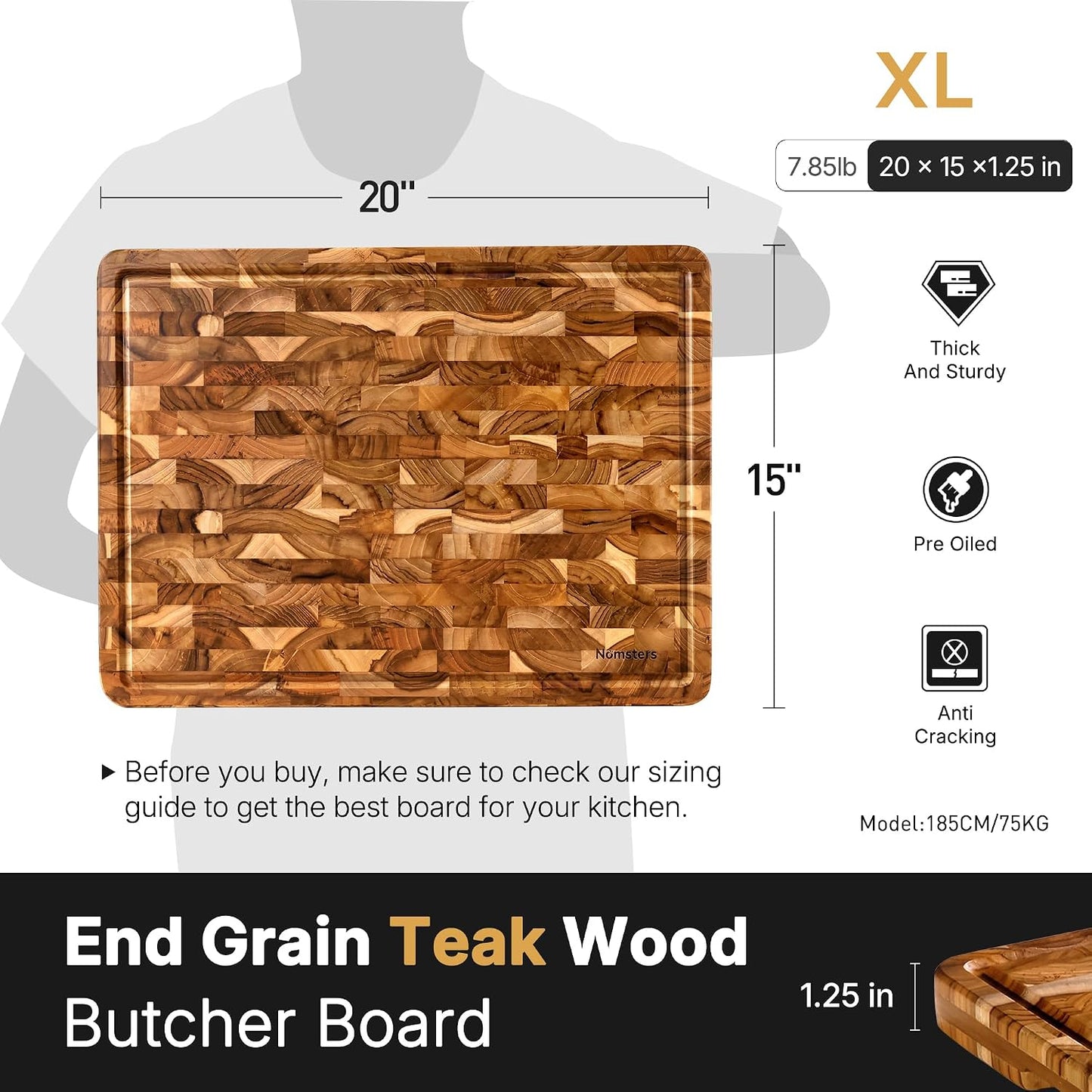 Teak Wood End Grain Cutting Board Set of 2 with Non-slip Feet, Reversible Cutting Boards for Kitchen with Juice Grooves and Handles Non Toxic Chopping Board Butcher Block Serving Tray Kitchen Gift