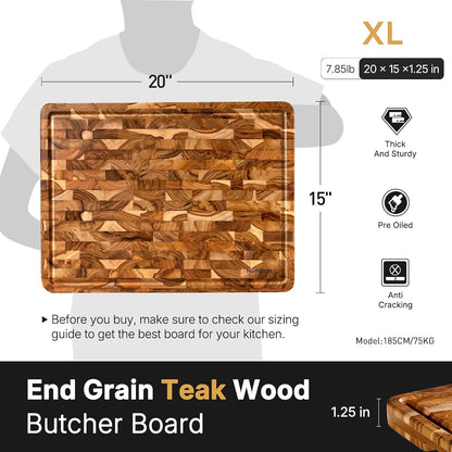 Teak Wood End Grain Cutting Board Set of 2 with Non-slip Feet, Reversible Cutting Boards for Kitchen with Juice Grooves and Handles Non Toxic Chopping Board Butcher Block Serving Tray Kitchen Gift