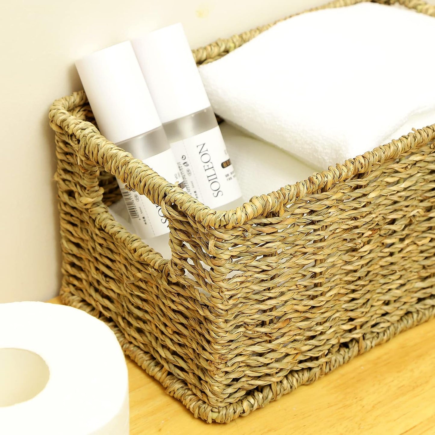 HOONEX Water Hyacinth Storage Baskets, Wicker Baskets for Storage, Hand Woven Baskets with Carry Handles, Set of 2, Natural