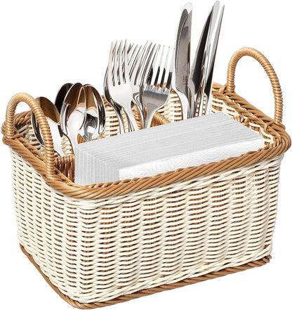 Cabilock Silverware Caddy Woven Basket Cutlery Holder, Napkin and Utensil Picnic Basket Silverware Organizer Utensil Holder for Kitchen Countertop with Handle