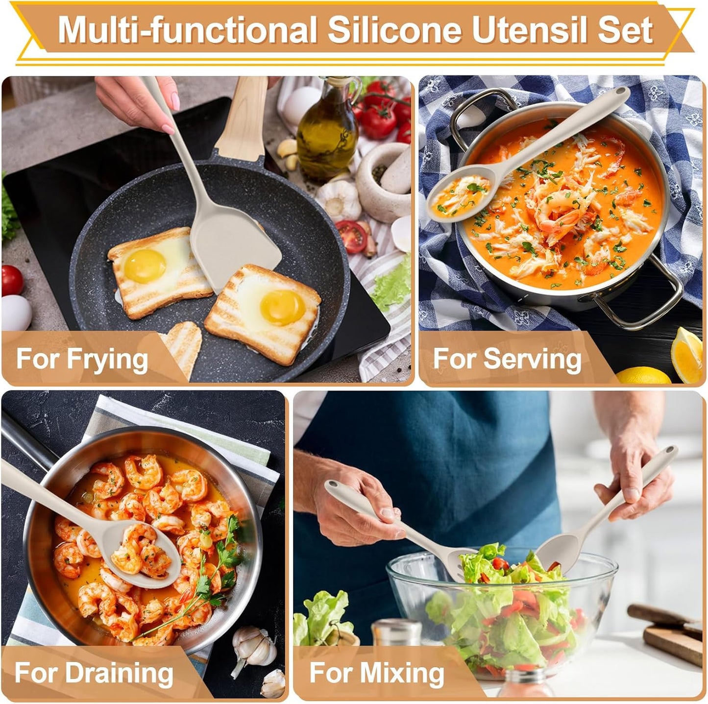 P&P CHEF Kitchen Utensil Set, 4 Pieces Non-stick Silicone Cooking Utensils, Heat-resistant Slotted Solid Spoon Turner for Frying, Mixing, Serving, Non-toxic & Easy to Clean, Blue
