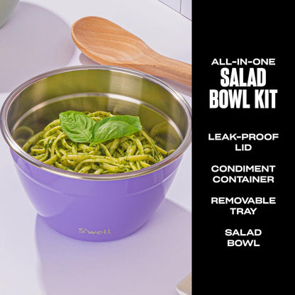 S'well Stainless Steel Salad Bowl Kit 64oz, Peacock Blue, Comes with 2oz Mini Canister and Removable Tray for Organization, Leakproof, Easy to Clean, Dishwasher Safe