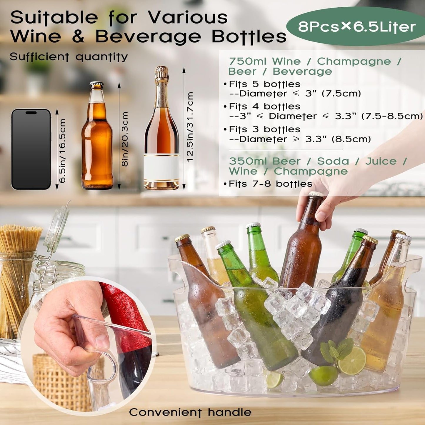 2 Pack 6.5l Ice Bucket for Party, Clear Plastic Champagne Cooler with Ice Scoop & Metal Bottle Opener, Large Portable Drink Beverage Tub for Beer & Mimosa Bar Supplies