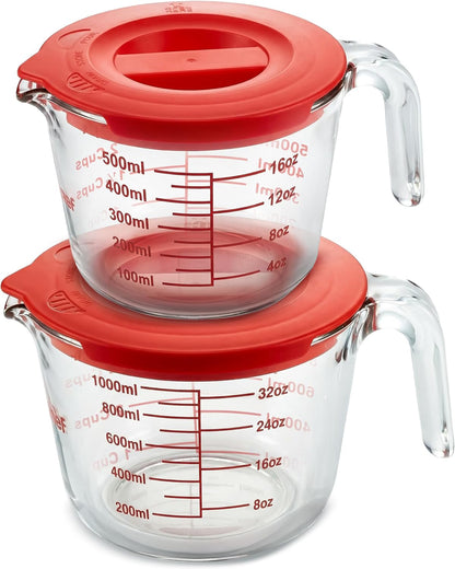 NutriChef 1,2 and 4 Cups Glass Measuring Cup Set with Lids (8, 17 and 34 oz) - Heat-Resistant Borosilicate Liquid Measure Cups with Easy-Read Scale for Cooking, Baking & Food Storage, Dishwasher Safe