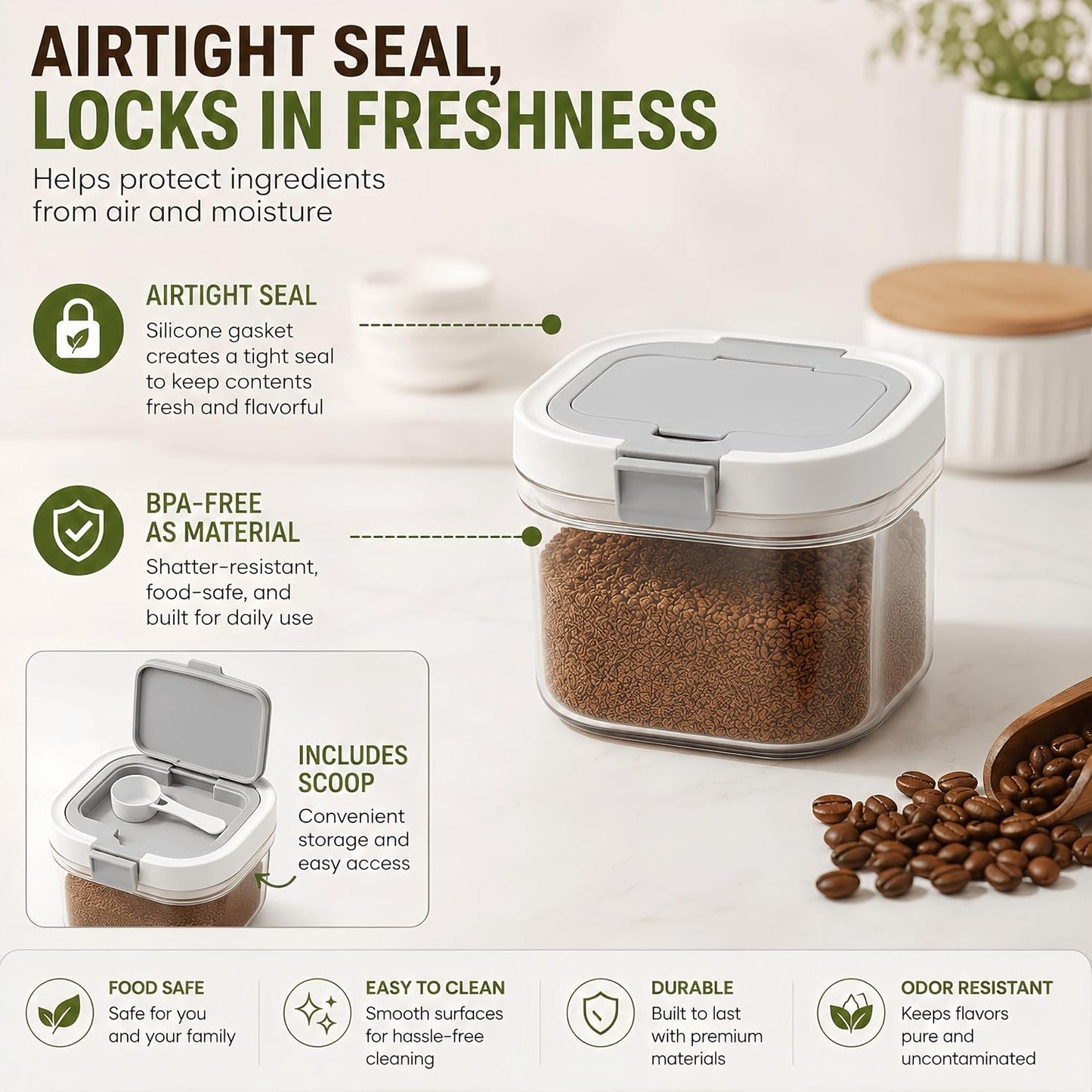 Airtight Brown Sugar Container with Spoon - 27 Fl Oz (800ml) Clear Storage Jar for Pantry - BPA-Free AS Material Perfect for Ground Coffee (Holds 12 oz Weight), Beans, Flour & Tea