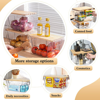 4 Set Stackable Storage Plastic Container with Removable Bamboo Cover | Kitchen Organizers Clear Front Open More Easy Access Bins Storage for Pantry, Potato, Onion, Garlic, Fruits, Vegetable