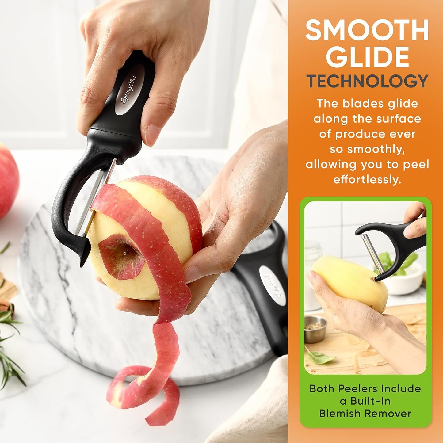 Spring Chef Swivel & Vegetable Julienne Peeler Set for Kitchen with Stainless Steel Sharp Blades - Potato Peelers with Soft Grip Handles & Blade Covers - Perfect for Carrot, Zucchini, Cucumber - Black
