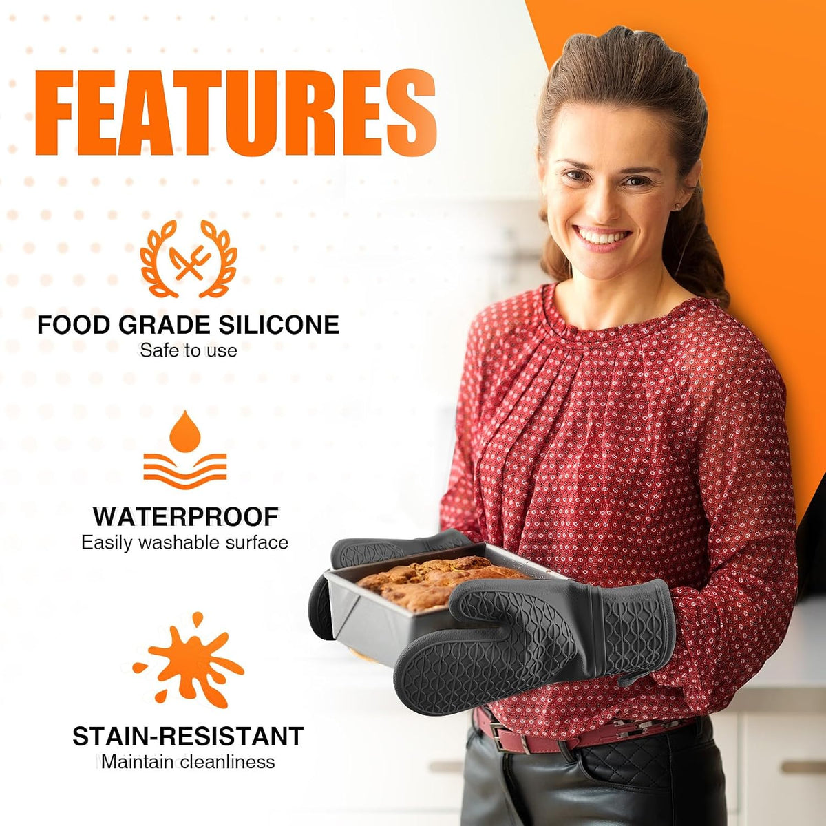 Silicone Oven Mitts, Heat Resistant 2PCS Oven Mitts with Soft Cotton Lining, Waterproof Non-Slip Grip Oven Glove, Kitchen Potholder Mits for BBQ, Baking, Cooking, 12.5 Inch - Grey