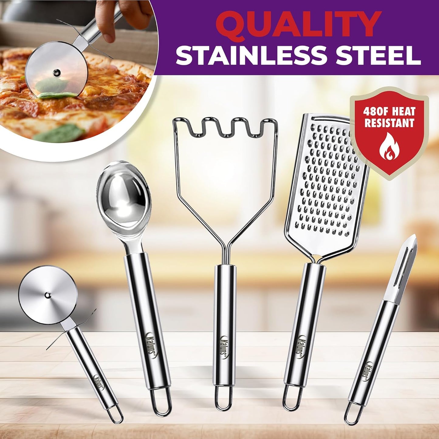 Kaluns 50 PCS Silicone Kitchen Utensils Set Complete Kitchen Set - 800°F Heat Resistant Non-Stick Premium Silicone Cooking Utensils W Wooden Handles - Can Opener, Masher, Turner, Silicone Spatula Set