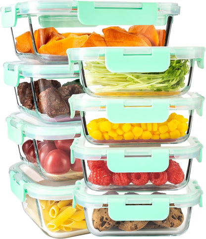 16PCS (8 Bowls + 8 Lids) High Borosilicate Glass Meal Prep Containers, Food Storage Containers with Airtight Lids, Glass Lunch Bento Boxes,Dishwasher Safe, blue