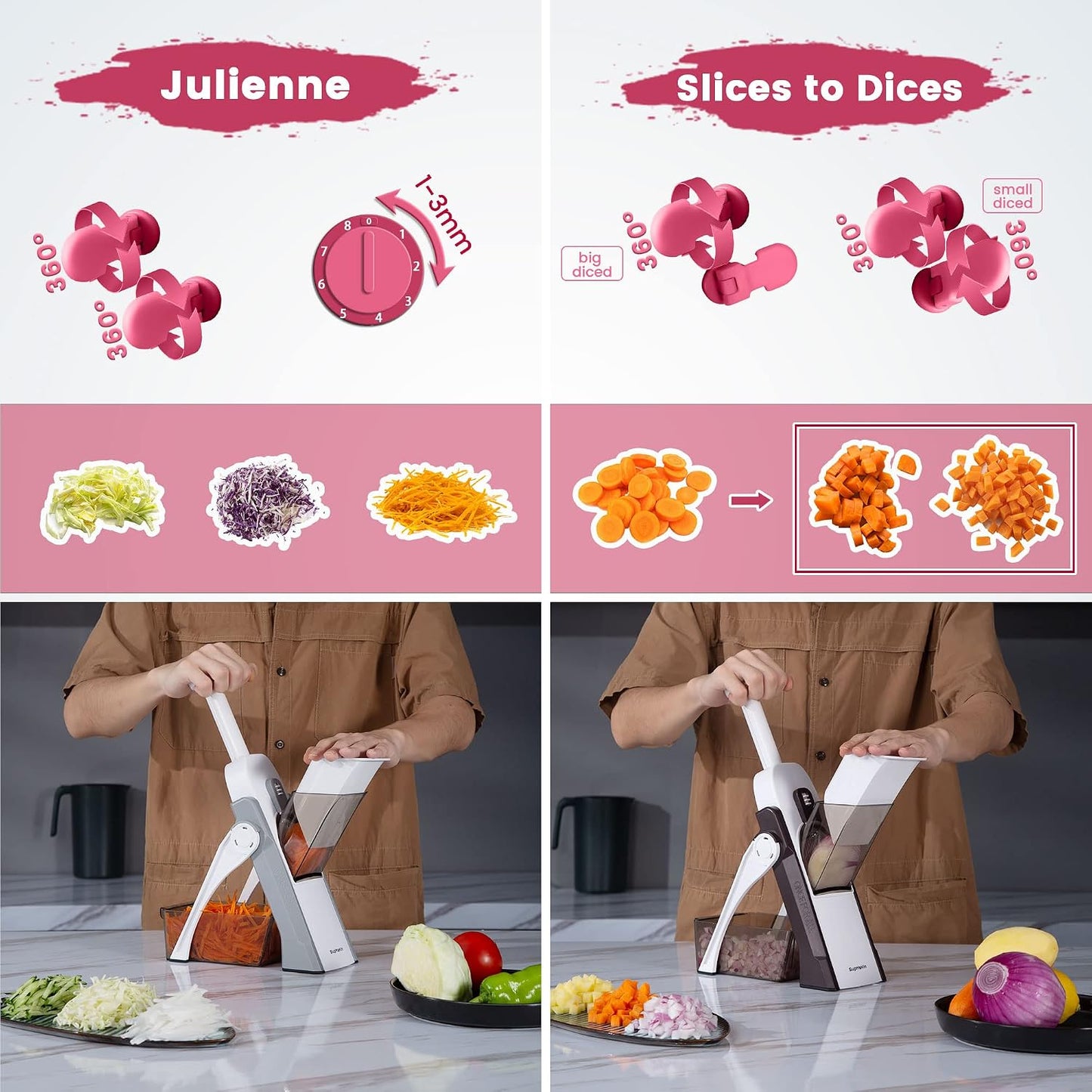 SUPMAKIN Safe Mandoline Slicer, Adjustable Vegetable Food Slicer and Chopper, Potato Fries Fry Cutter, Veggie Salad Chopper, New Kitchen Chopping Artifact Gifts 2026 (SliverGray)