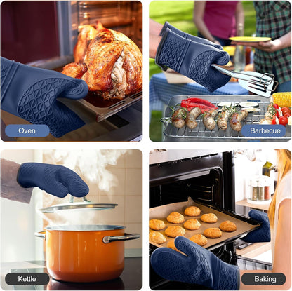 Silicone Oven Mitts, Heat Resistant 2PCS Oven Mitts with Soft Cotton Lining, Waterproof Non-Slip Grip Oven Glove, Kitchen Potholder Mits for BBQ, Baking, Cooking, 12.5 Inch - Grey
