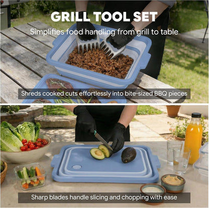 Feasto Collapsible BBQ Prep Tubs with Cutting Board, 9-IN-1, 2 Tubs Portable Grill Prep Station with Side Brackets, Lids, Knives, Meat Claws and Drain Rack, Space-Saving for Kitchen & Camping, Black