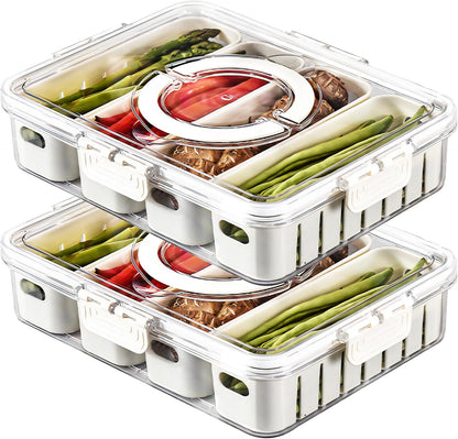 Divided Serving Tray with Lid for Veggie Charcuterie Container Portion Control Salad Keeper with 4 Removable Boxes Stackable Refrigerator Organizer Bins Food Storage Organizer Produce Saver