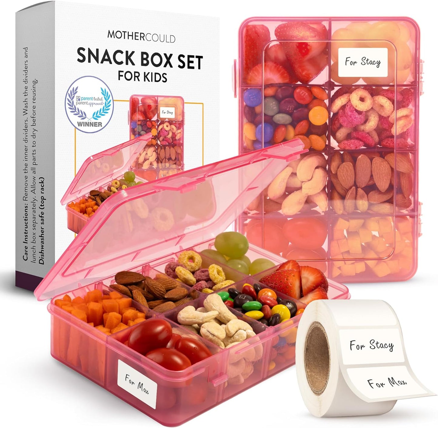 Large Kids Snack Box Containers Set of 2 -100 Labels, BPA-Free, Adjustable Compartments, Dishwasher Safe, Reusable Tray, Food Grade, Meal Prep Container, PARENT TESTED PARENT APPROVED AWARD (Clear)