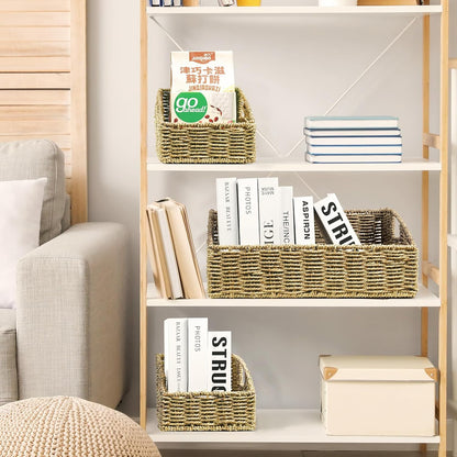Rattan Storage Baskets, Handwoven Wicker Storage Bins with Built-in Handles, Storage Container Baskets for Shelves, Bedroom, Bathroom, Laundry Room or Kitchen(Natural)