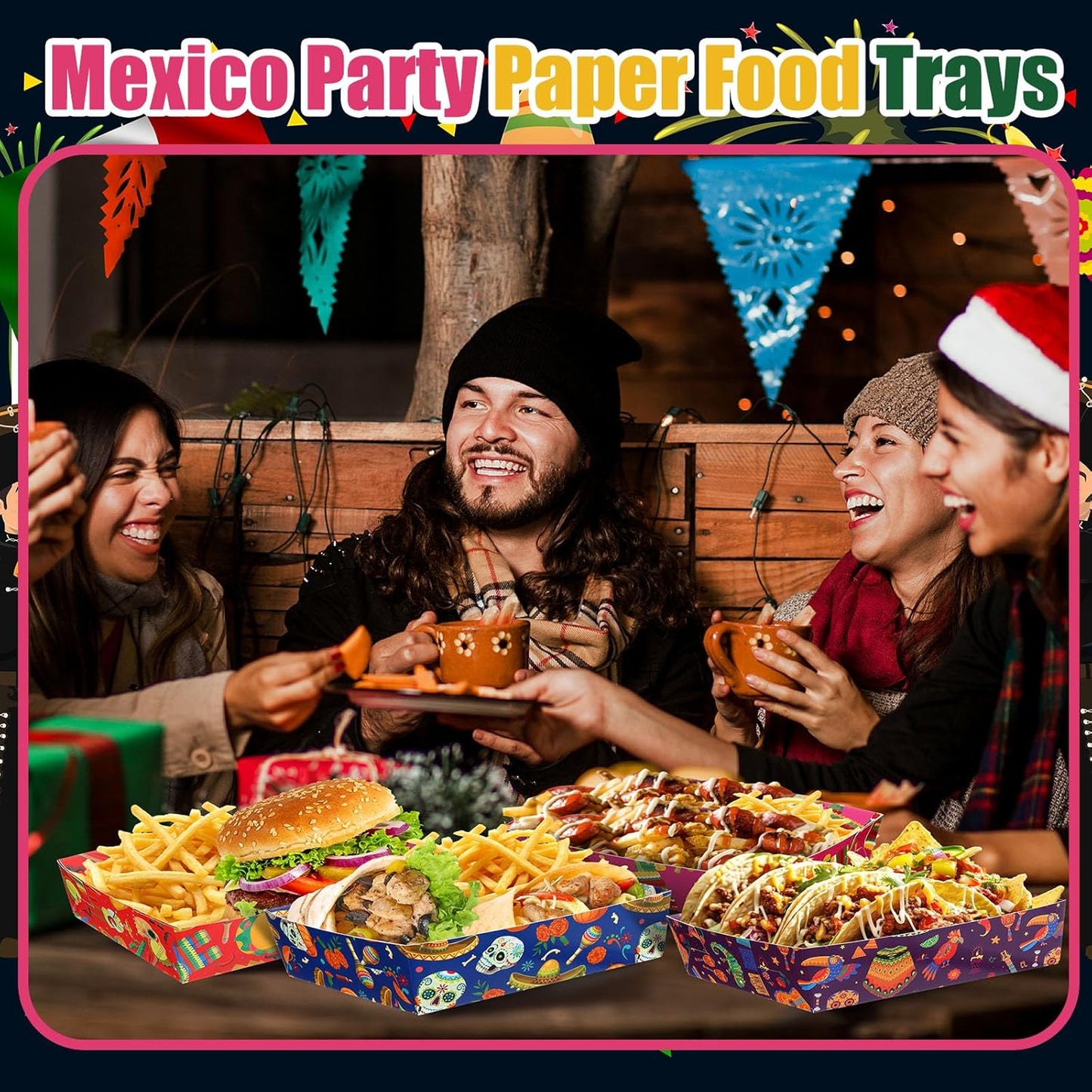 Harloon 36 Pack Mexican Nacho Trays 5 lb Extra Large Mexican Paper Food Trays Fiesta Disposable Cardboard Serving Boats for Cinco De Mayo Taco Fries Snacks Birthday Party Supplies(Floral)