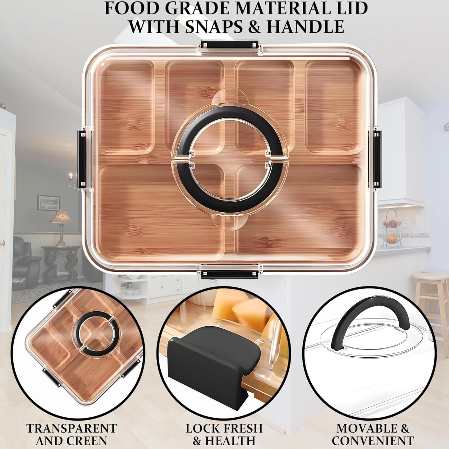 Charcuterie Board with Clear Lid and Handle, 6-Compartment Portable Serving Tray, 11 x 14 Inches, Plastic and Bamboo, Housewarming Gift, Cutting Board, Cheese Board for Serving and Outdoor Dining