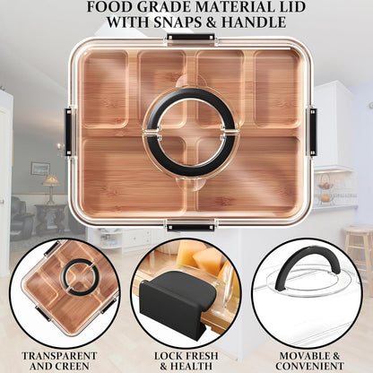 Charcuterie Board with Clear Lid and Handle, 6-Compartment Portable Serving Tray, 11 x 14 Inches, Plastic and Bamboo, Housewarming Gift, Cutting Board, Cheese Board for Serving and Outdoor Dining
