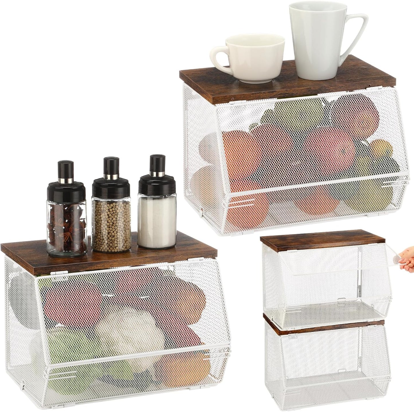 Teenyyou 2 Pcs Stackable Mesh Fruit Basket with Lid Wall Produce Vegetable Storage Basket Onion Potato Hanging Metal Wire Container for Kitchen Counter Pantry(Non-removable,Black,8.3" w & 13.8" l)