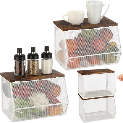 Teenyyou 2 Pcs Stackable Mesh Fruit Basket with Lid Wall Produce Vegetable Storage Basket Onion Potato Hanging Metal Wire Container for Kitchen Counter Pantry(Non-removable,Black,8.3" w & 13.8" l)
