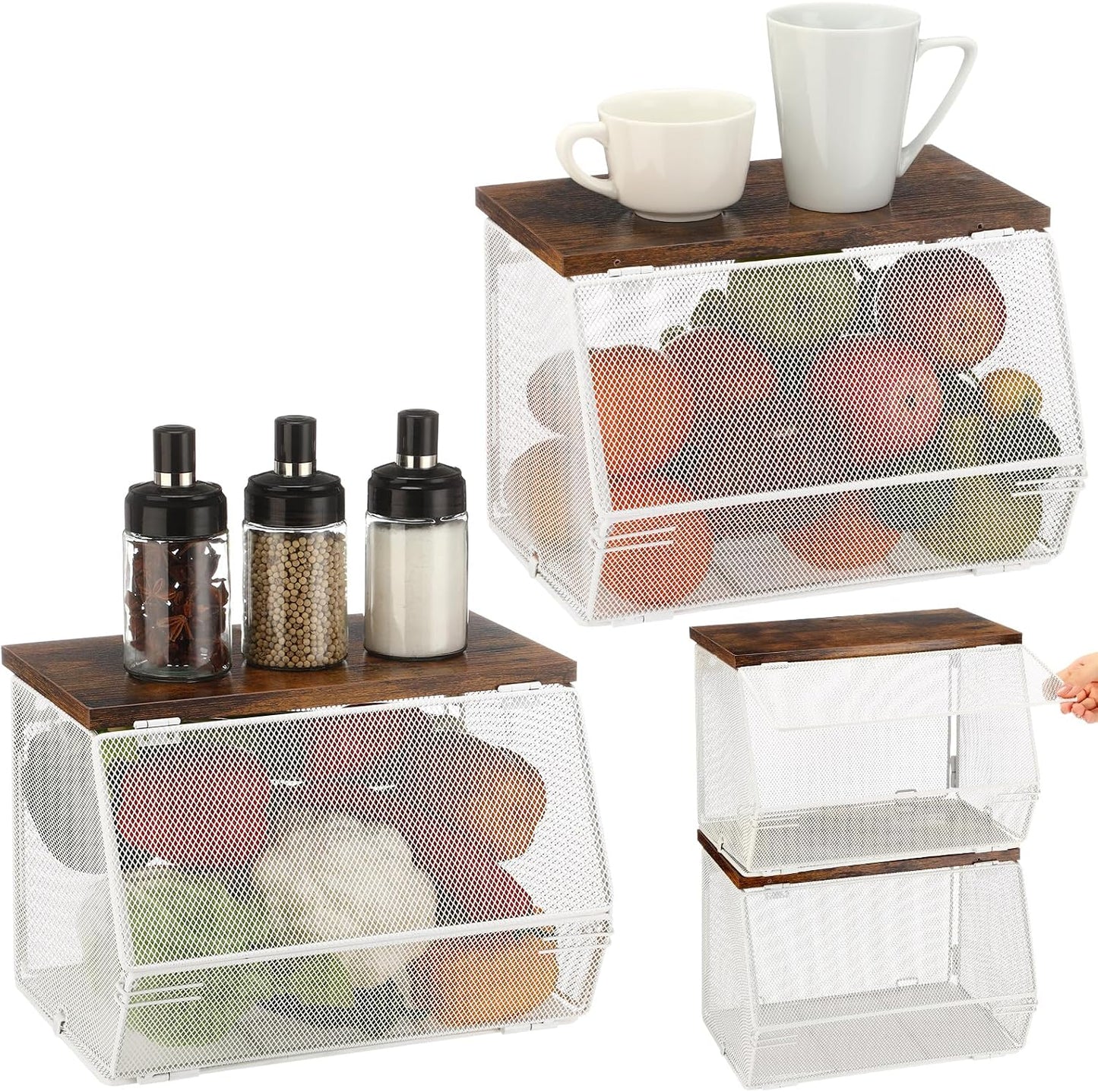 Teenyyou 2 Pcs Stackable Mesh Fruit Basket with Lid Wall Produce Vegetable Storage Basket Onion Potato Hanging Metal Wire Container for Kitchen Counter Pantry(Non-removable,Black,8.3" w & 13.8" l)
