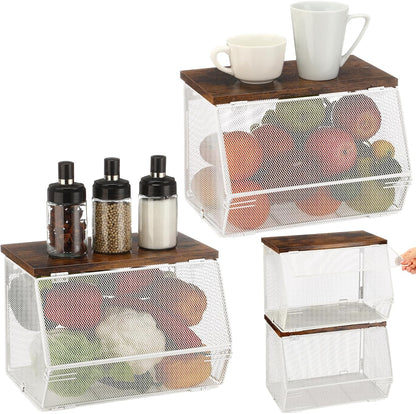 Teenyyou 2 Pcs Stackable Mesh Fruit Basket with Lid Wall Produce Vegetable Storage Basket Onion Potato Hanging Metal Wire Container for Kitchen Counter Pantry(Non-removable,Black,8.3" w & 13.8" l)