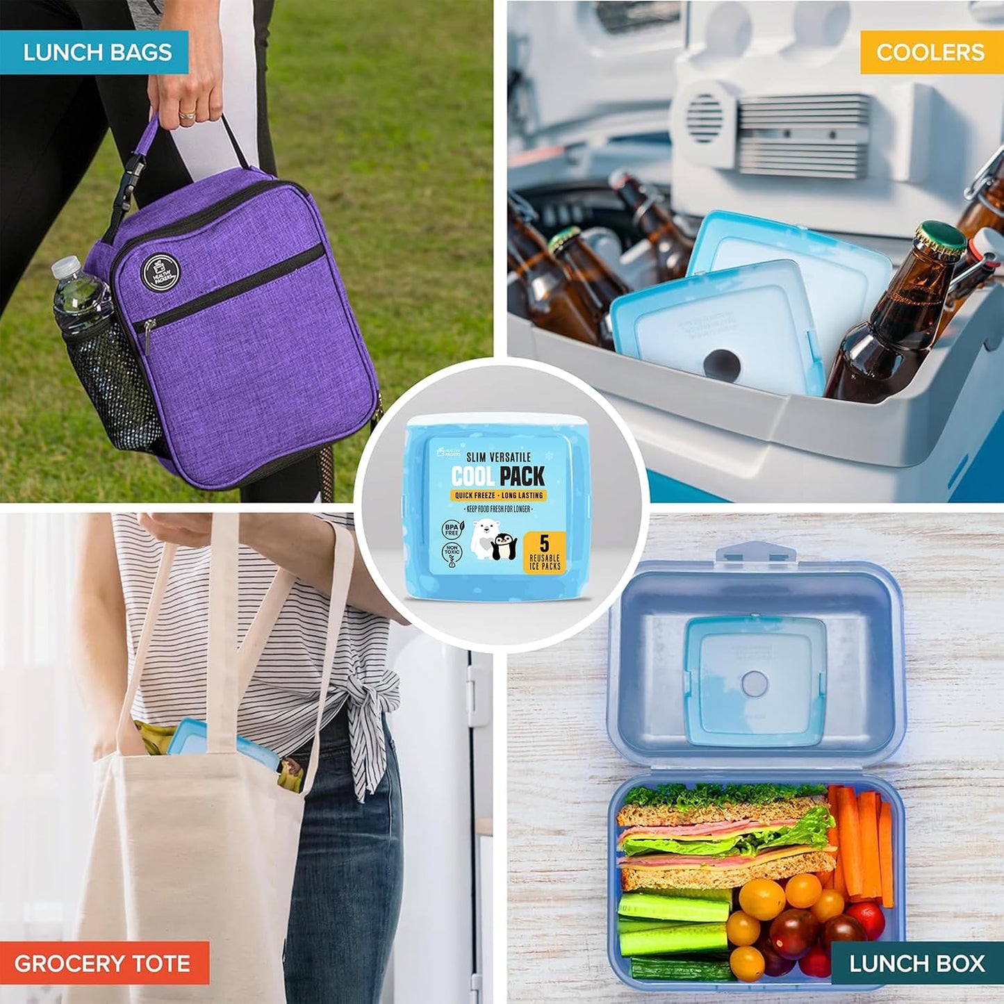 Healthy Packers® Reusable Ice Packs for Lunch Boxes Kids and Adults | Long‑Lasting Thin Freezer Packs for Coolers, Bento Boxes, Lunch Bags, Travel, School Meals, Meal Prep (10-Pack | Square)