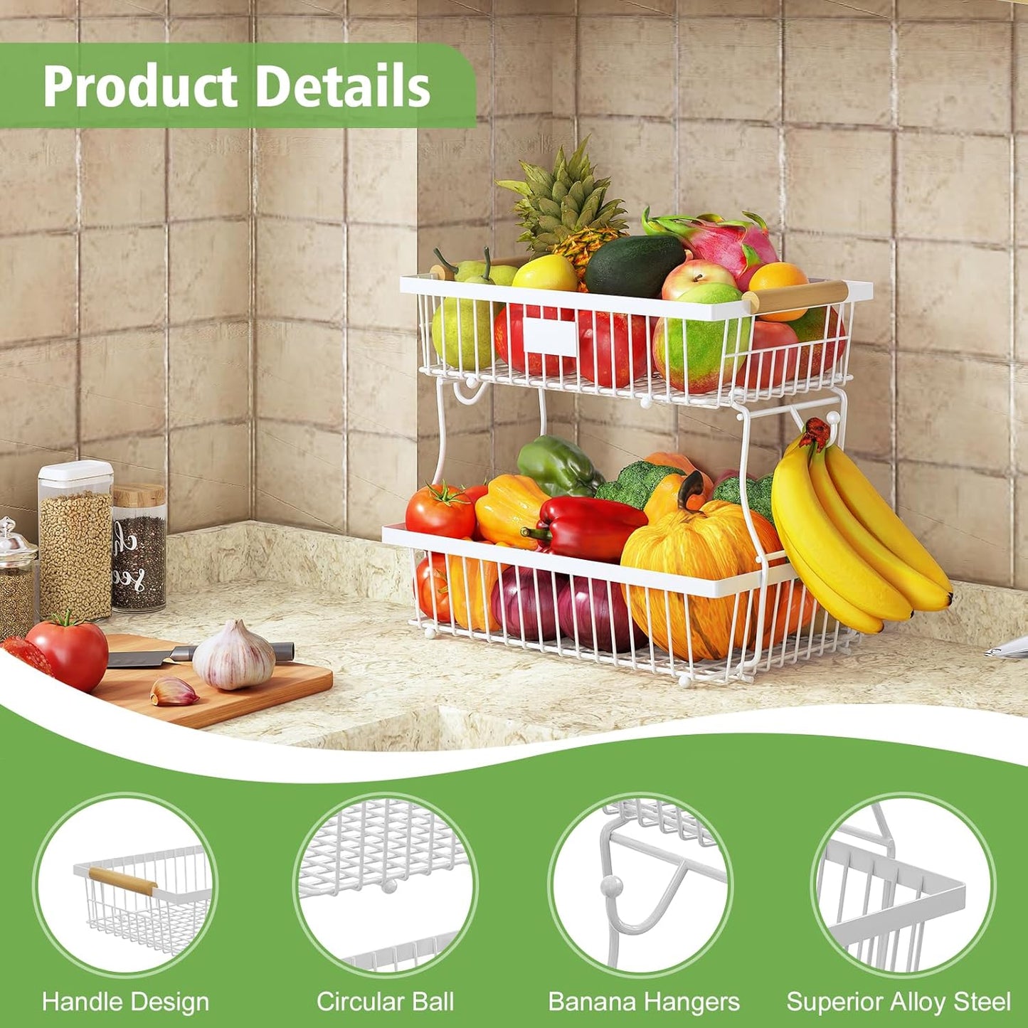 2 Tier Fruit Basket for Kitchen Counter with 2 Banana Hangers, Countertop Metal Bread Basket with Wooden Handle, Large Storage Stand for Vegetables, Snacks, Eggs, Produce Storage – Black