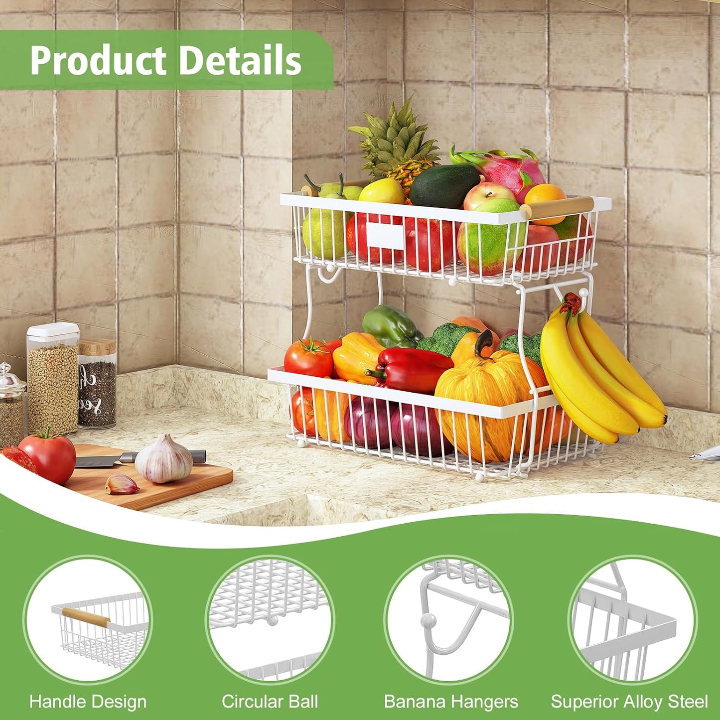 2 Tier Fruit Basket for Kitchen Counter with 2 Banana Hangers, Countertop Metal Bread Basket with Wooden Handle, Large Storage Stand for Vegetables, Snacks, Eggs, Produce Storage – Black