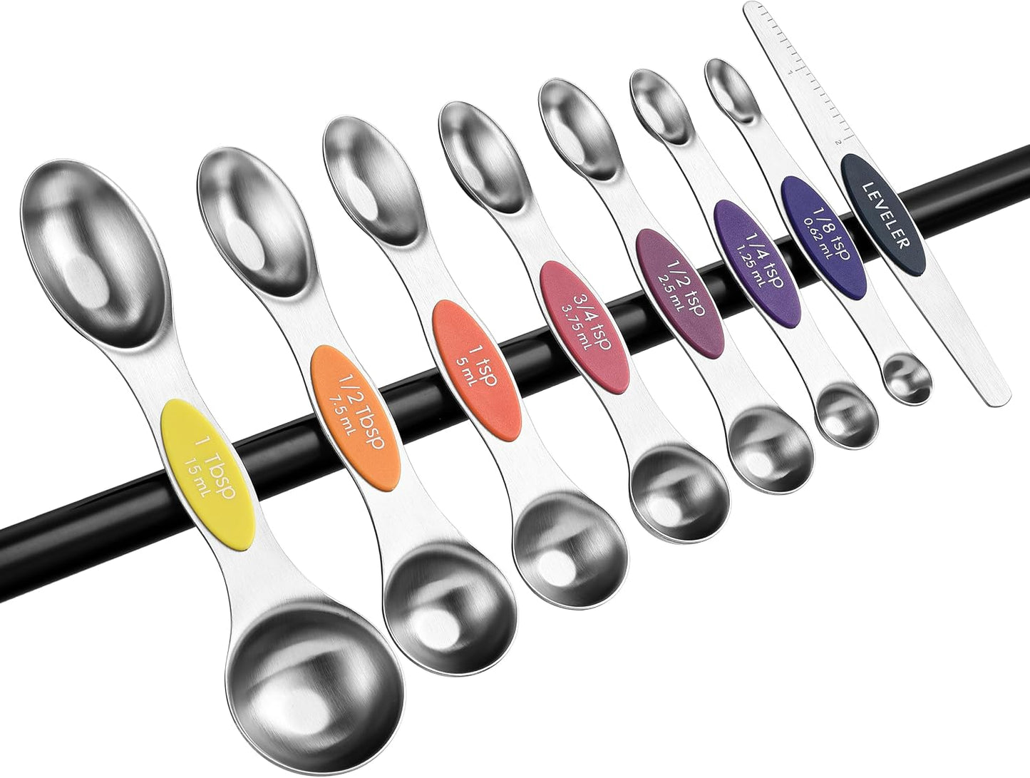 Spring Chef Stainless Steel Magnetic Measuring Spoons Set with Strong N45 Magnets, Heavy Duty Metal Kitchen Gadgets for Baking & Cooking, Fits in Most Kitchen Spice Jars, Set of 8 with Leveler, Black