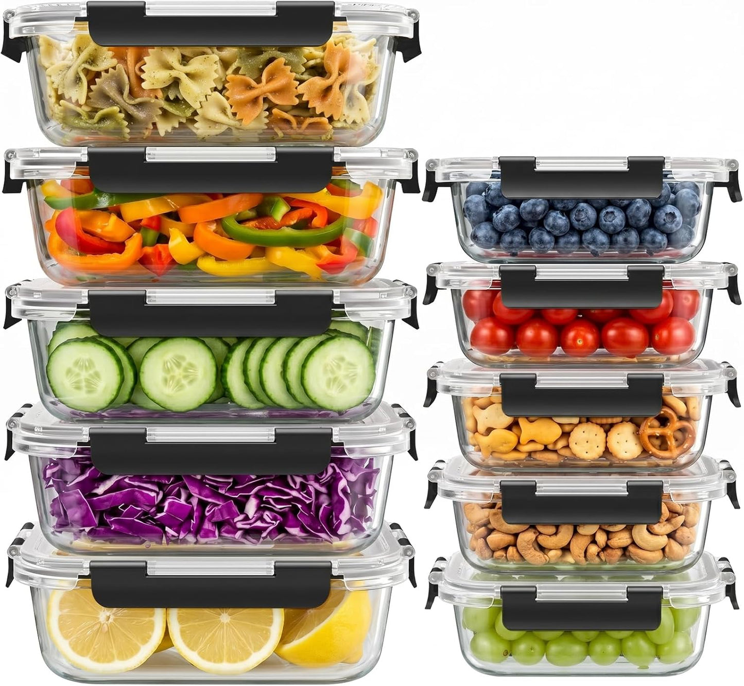 Dealusy 10 Sets (20-Piece) 36 oz & 12 oz Glass Food Storage Containers with lids, Airtight Leak-proof Glass Meal Prep Containers with Lids, Microwave Oven Freezer Dishwasher Safe, Gray