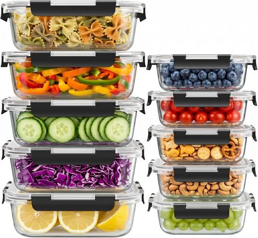 Dealusy 10 Sets (20-Piece) 36 oz & 12 oz Glass Food Storage Containers with lids, Airtight Leak-proof Glass Meal Prep Containers with Lids, Microwave Oven Freezer Dishwasher Safe, Gray