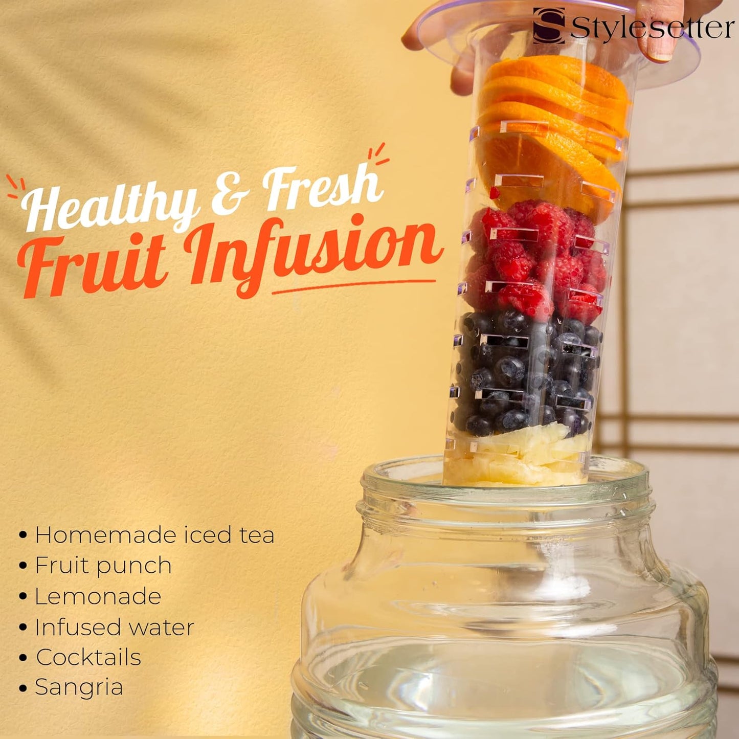 Style Setter Patchwork Beverage Dispenser Cold Drink Dispenser w/ 2.4-Gallon Capacity Glass Jug, Ice Insert, Fruit Infuser, Galvanized Base, Leak Proof Spigot Great for Parties Weddings