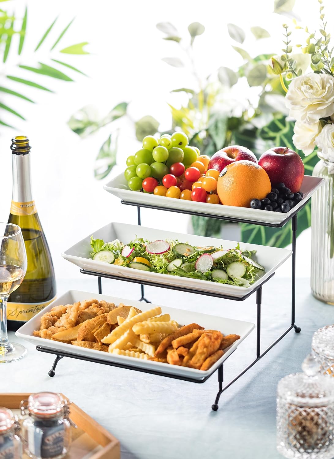 LYEOBOH 3 Tier Serving Bowls Set Tiered Serving Stand, Porcelain Oval Bowls with Collapsible Metal Stand for Entertaining, Party, Dessert Display, Candy, Chip and Dip (Gold)-45oz / 17.5oz / 7oz