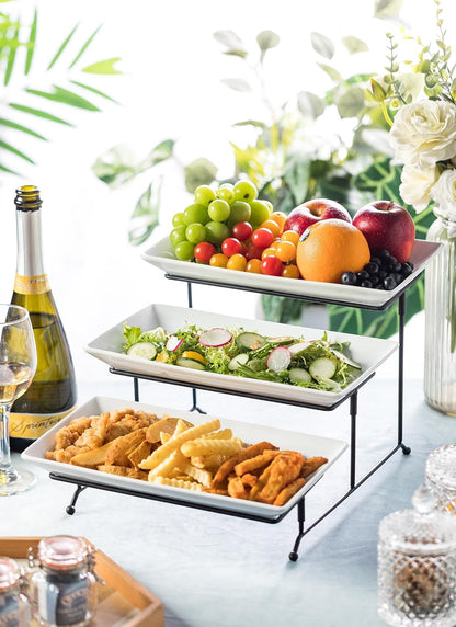 LYEOBOH 3 Tier Serving Bowls Set Tiered Serving Stand, Porcelain Oval Bowls with Collapsible Metal Stand for Entertaining, Party, Dessert Display, Candy, Chip and Dip (Gold)-45oz / 17.5oz / 7oz