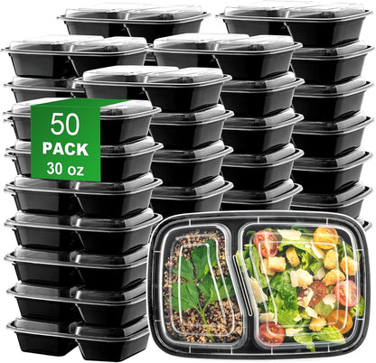 Meal Prep Containers 50 Pack - 30oz 2-Compartment Disposable Take Out Food Storage Containers with Leakproof Lids, BPA Free Plastic To Go Lunch Boxes, Microwave/Dishwasher/Freezer Safe