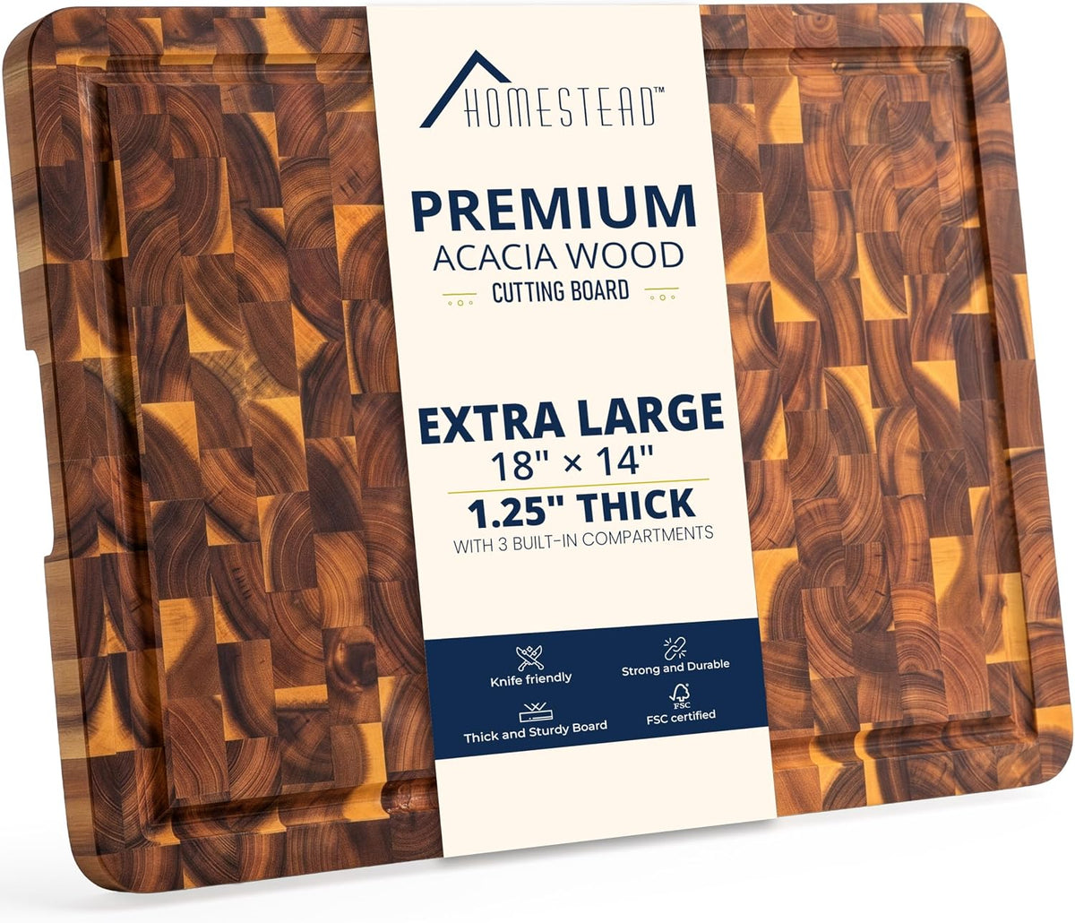 HOMESTEAD End Grain Acacia Wood Cutting Board 23x18x1.5, Reversible Butcher Block Board for Kitchen with Deep Juice Groove, Handles, Knife-Friendly Surface for Meat Chopping and Charcuterie Serving
