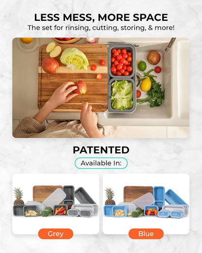 TidyBoard Meal Prep System Starter - Over-the-Sink Smart Chopping Board with 1 Large Strainer, Tubs, & Lids - 1” Thick Acacia Wood Cutting Board with Containers & Strainer, 12 pieces