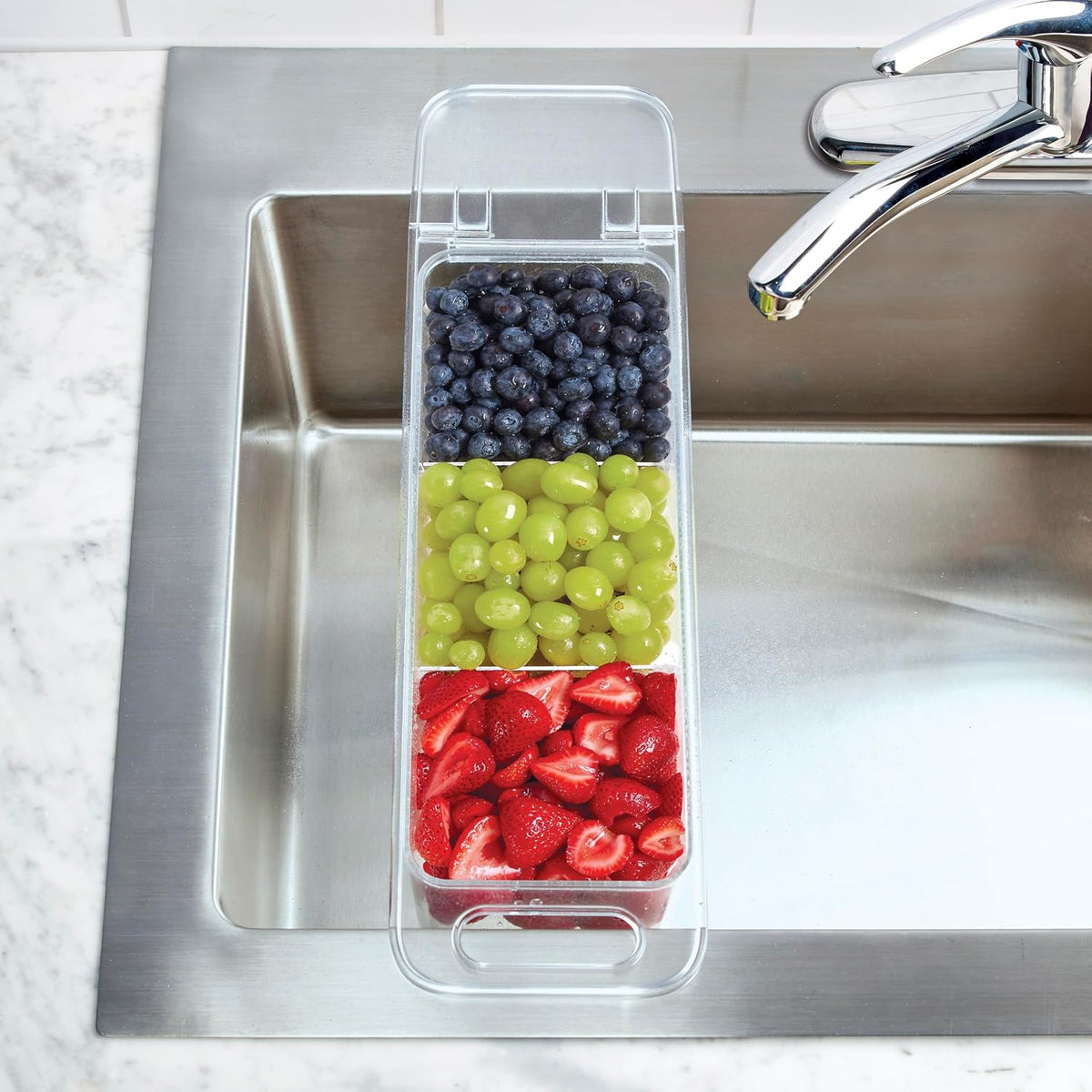 Copco Over the Sink Colander Fridge Storage Bin with Lid - Refrigerator Organizer for Fruits Vegetables Produce - Clear Design with Built-In Handles, Removable Drain Cover